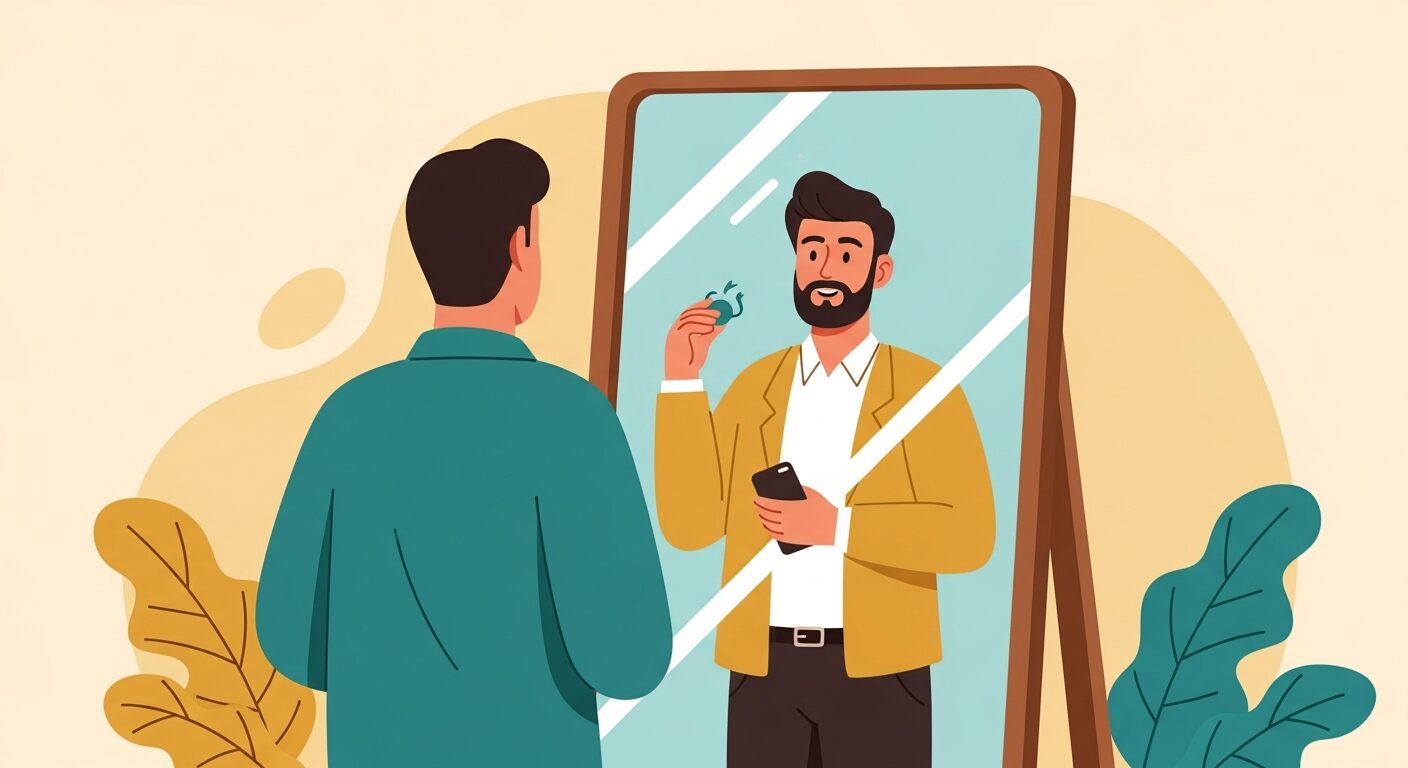 自分磨きで変わる自分を鏡で見る男性のイラスト