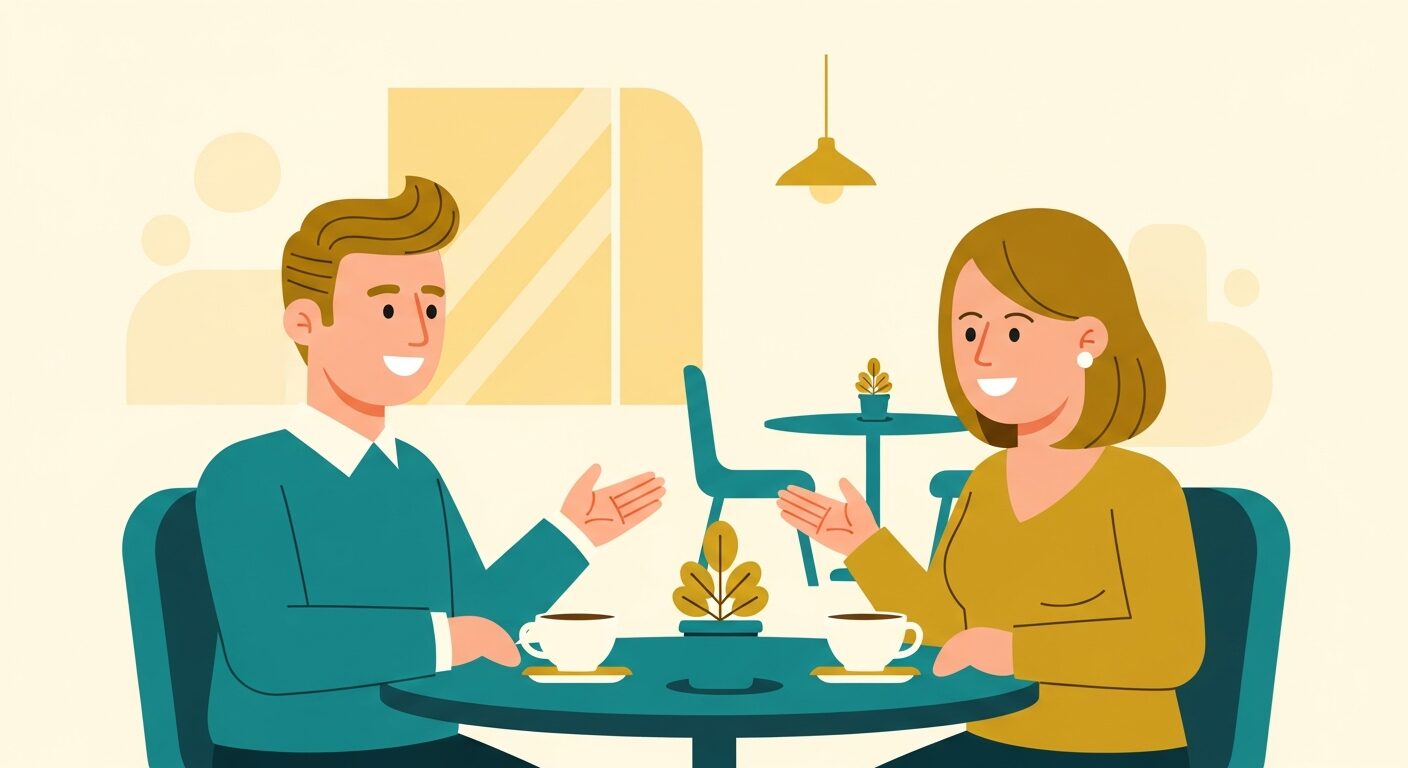 カフェで楽しく会話する男女のイラスト