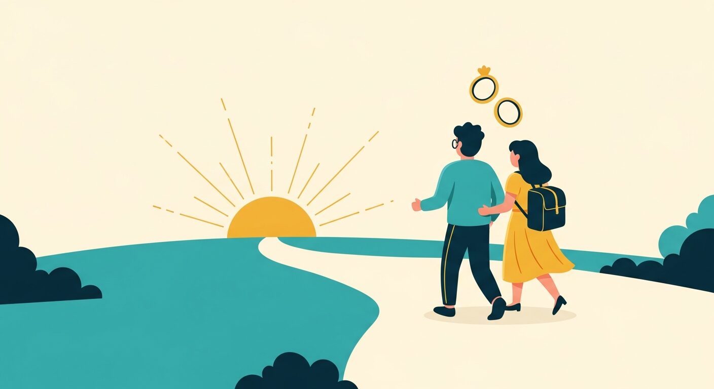 朝日に向かって歩くカップルと結婚指輪のイラスト