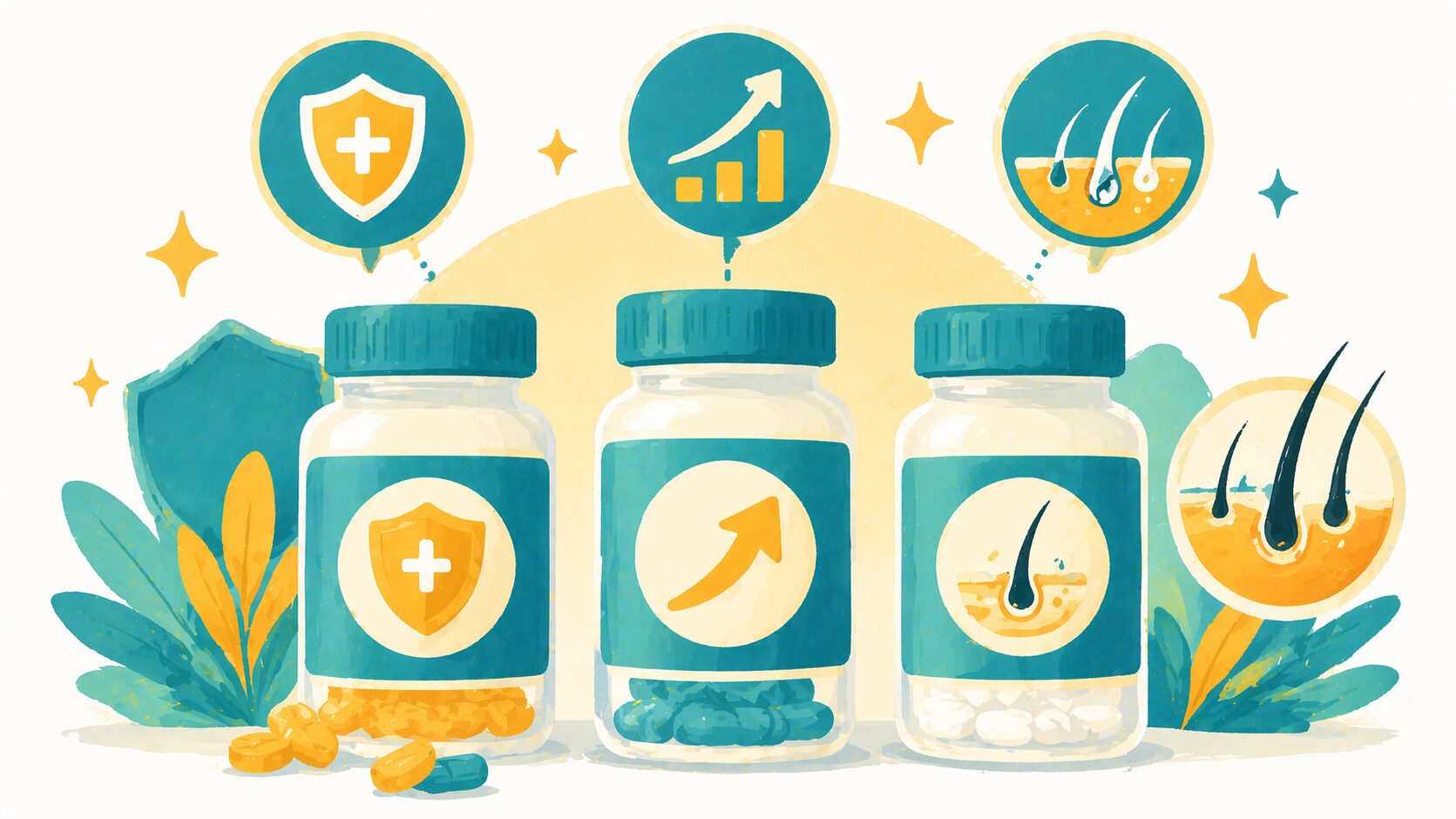 AGA治療薬3種類（フィナステリド・デュタステリド・ミノキシジル）のボトルイラスト