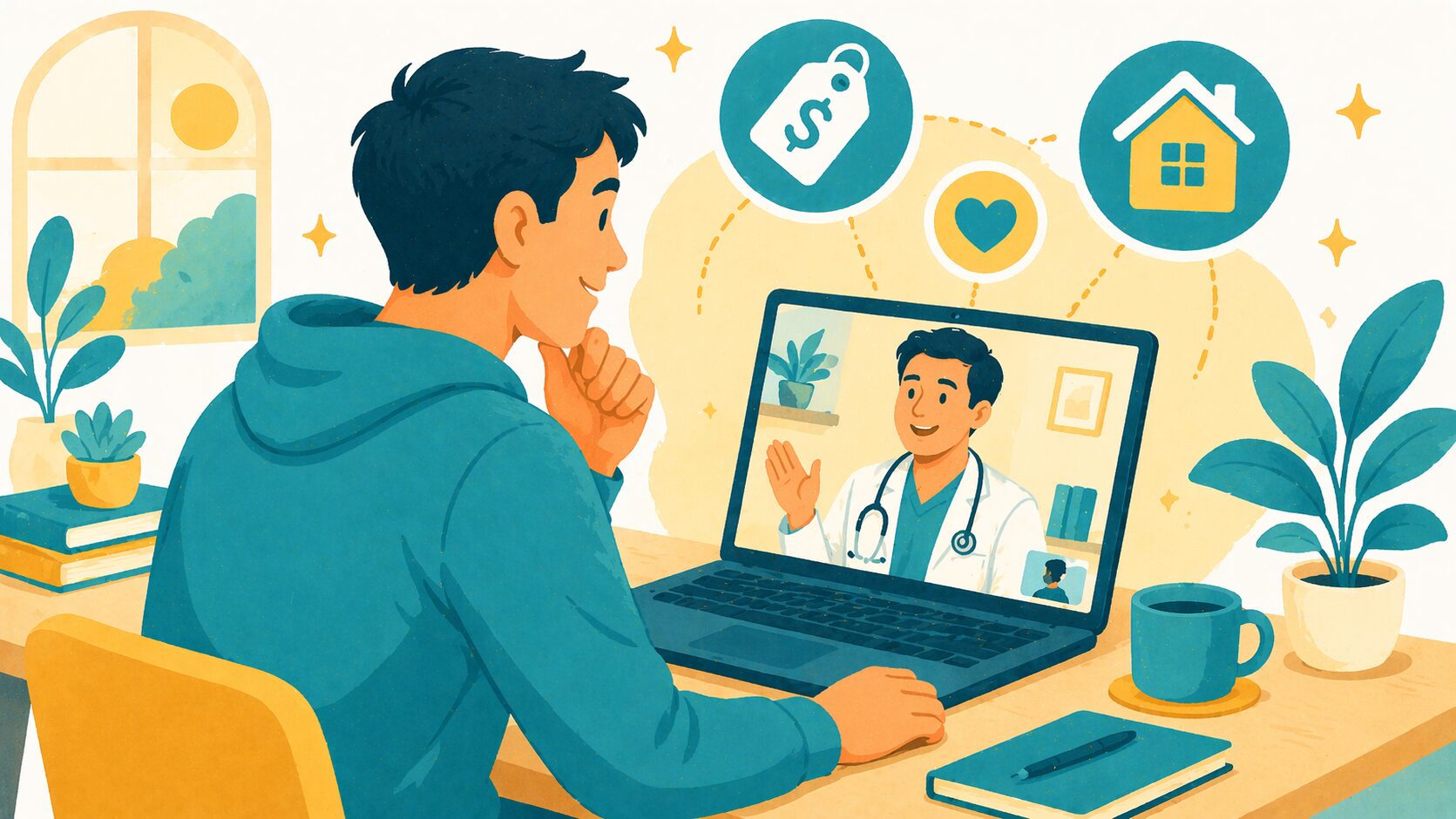 AGAオンライン診療で医師と相談している男性のイメージイラスト