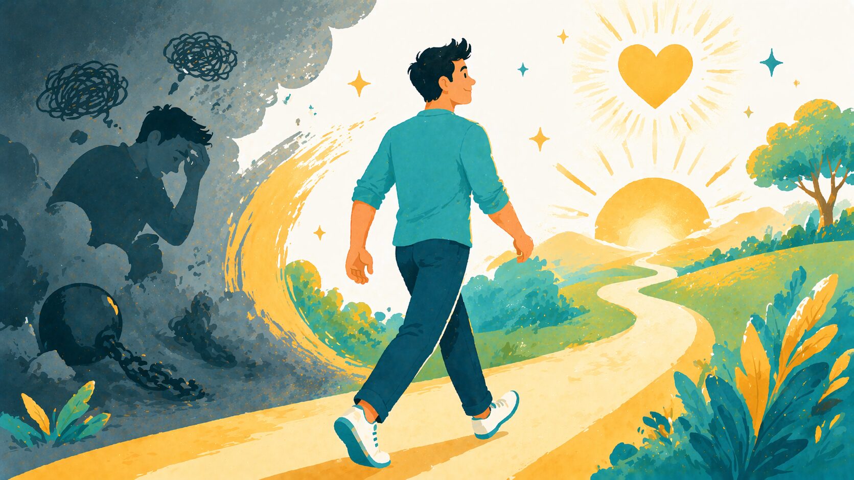 AGA治療で自信を取り戻し前に進む男性のイメージイラスト