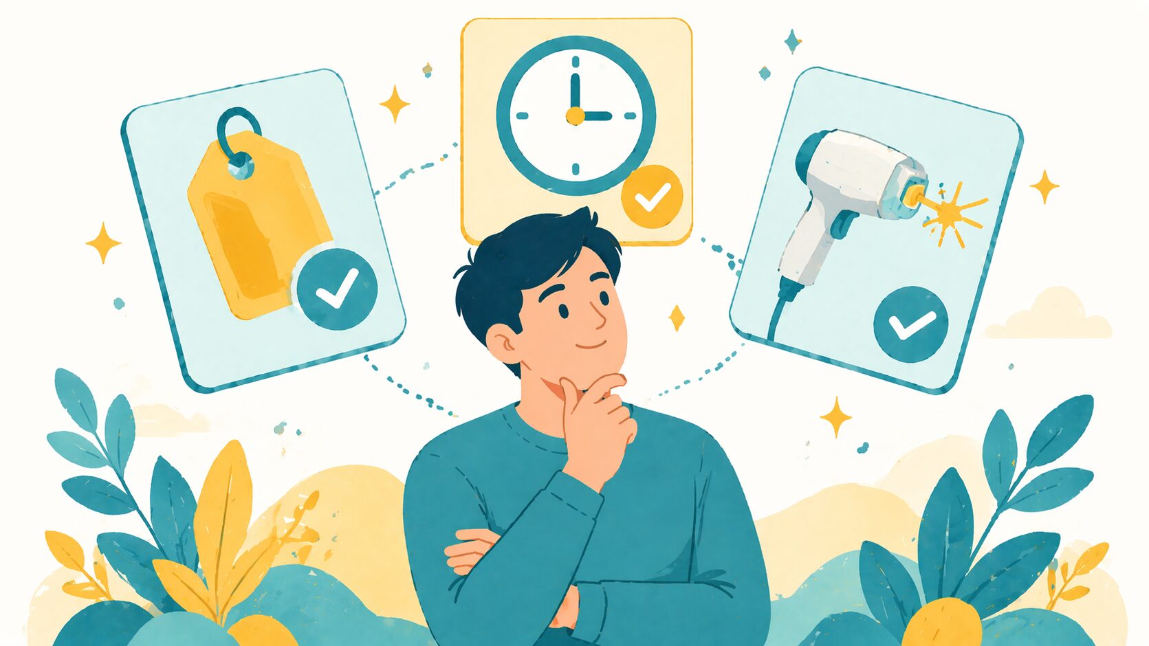 ひげ脱毛クリニック選びで料金・通いやすさ・脱毛機を比較検討している男性のイラスト