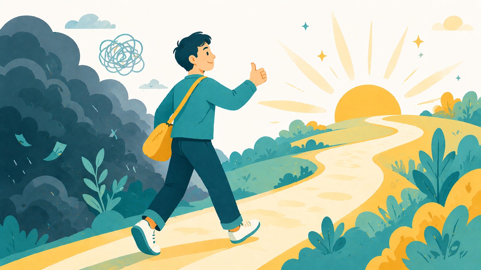 ひげ脱毛を始めて自信を持って前に進む男性のイメージイラスト