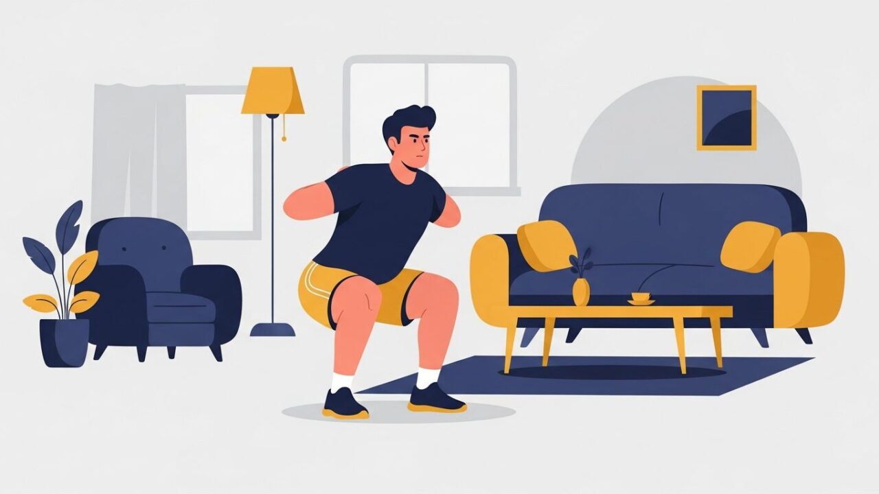 自宅で筋トレする男性のイラスト