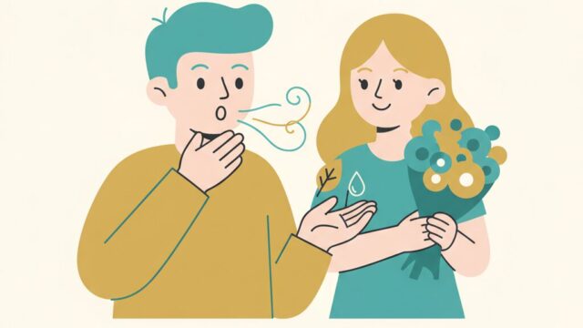デート前に口臭チェックする男性のイラスト