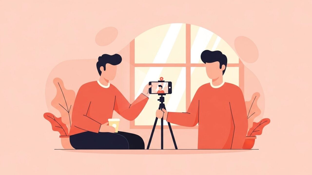 自然光で自撮りする男性のイラスト