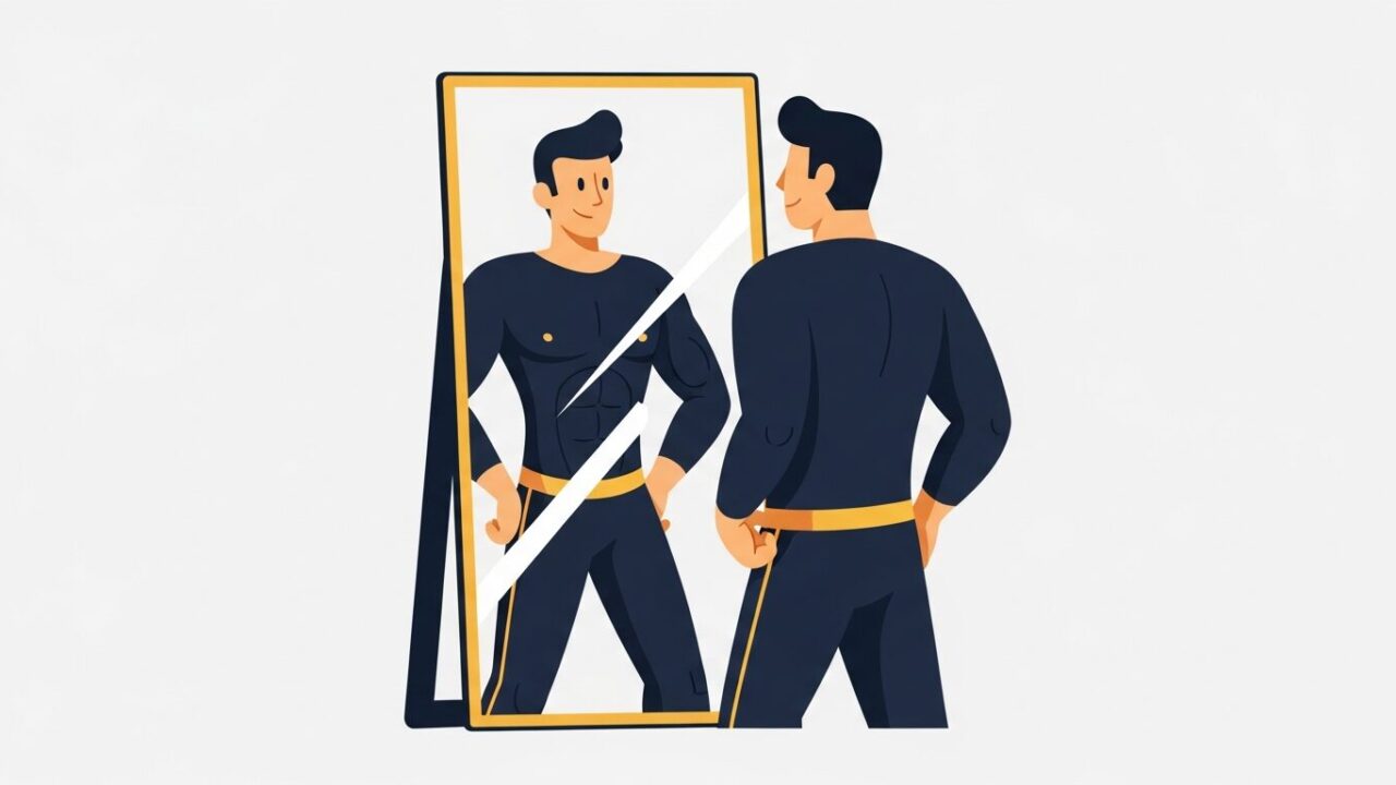 鏡を見て変化を想像する男性のイラスト