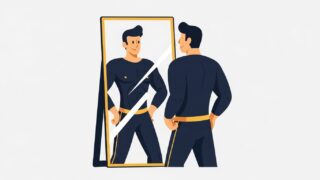 鏡を見て変化を想像する男性のイラスト