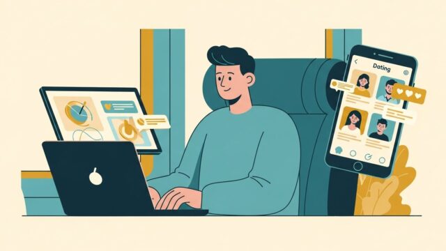 仕事と婚活を両立する男性のイラスト