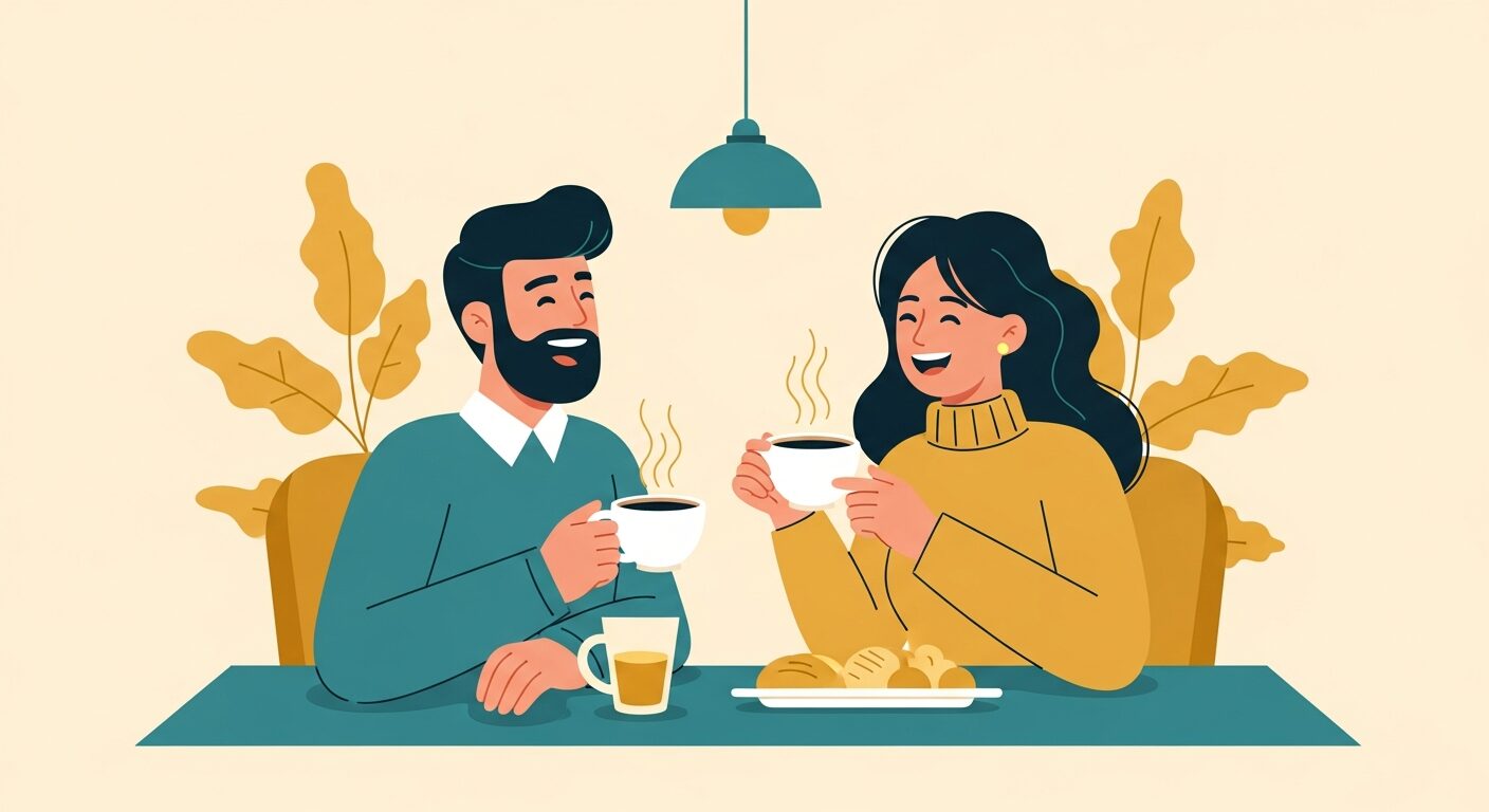 初デートで盛り上がる会話を楽しむカップルのイラスト