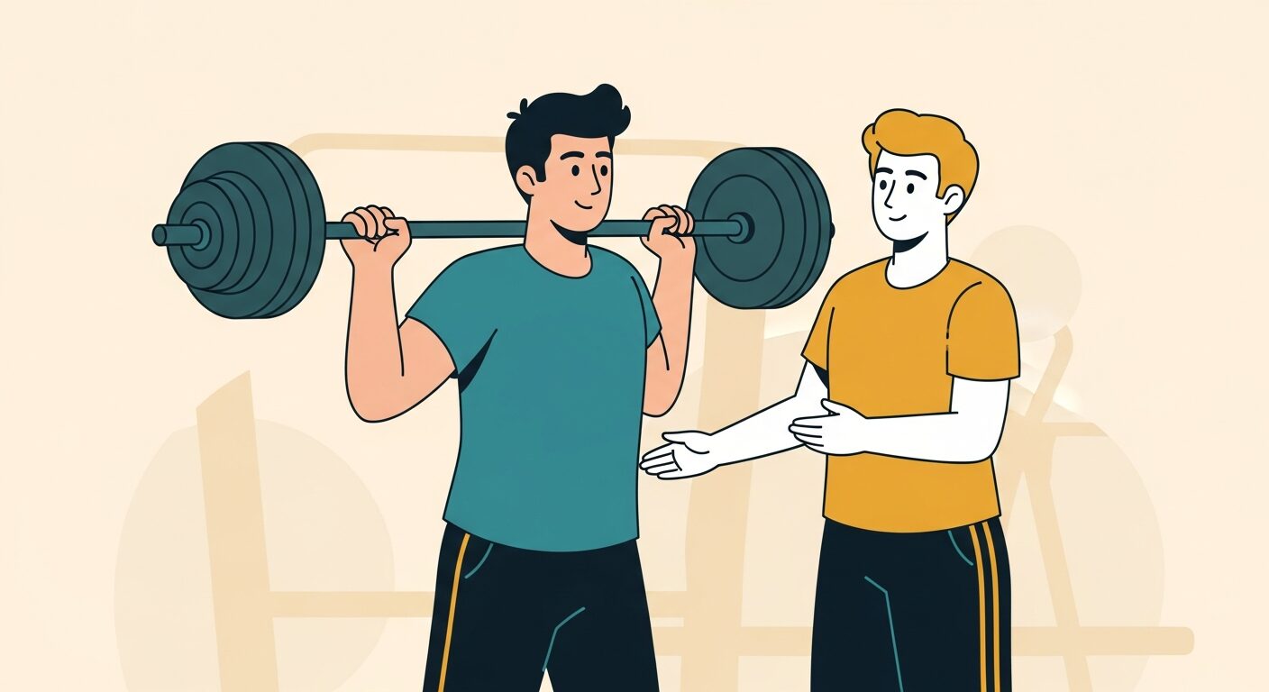 パーソナルトレーナーと筋トレする男性のイラスト