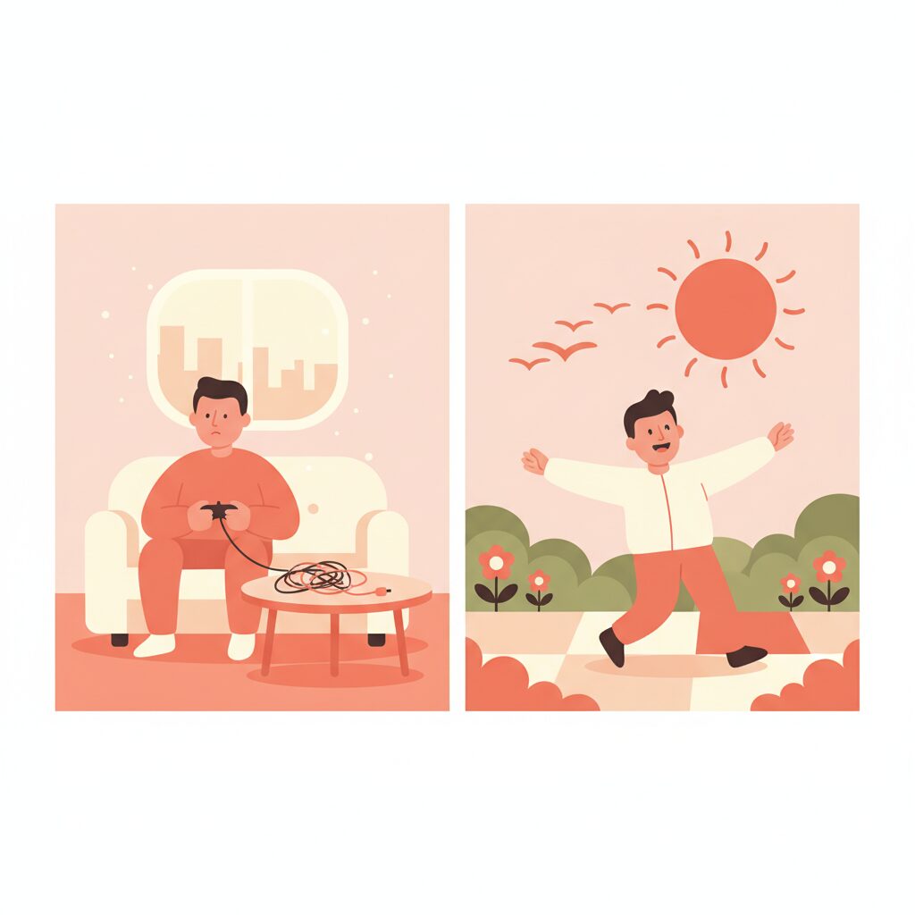 ダラダラ休日vs充実休日の比較イラスト