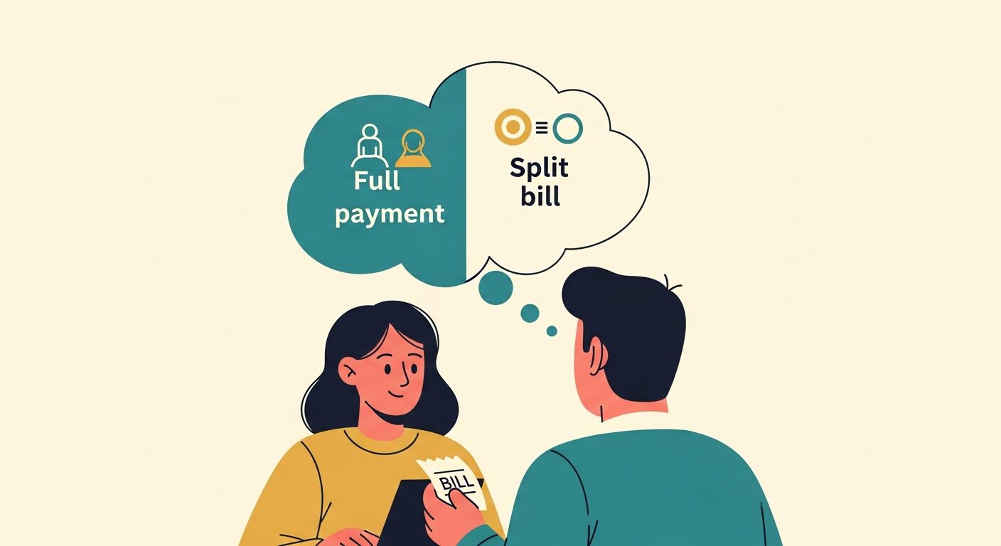 デート代の支払い方を考える男性のイラスト