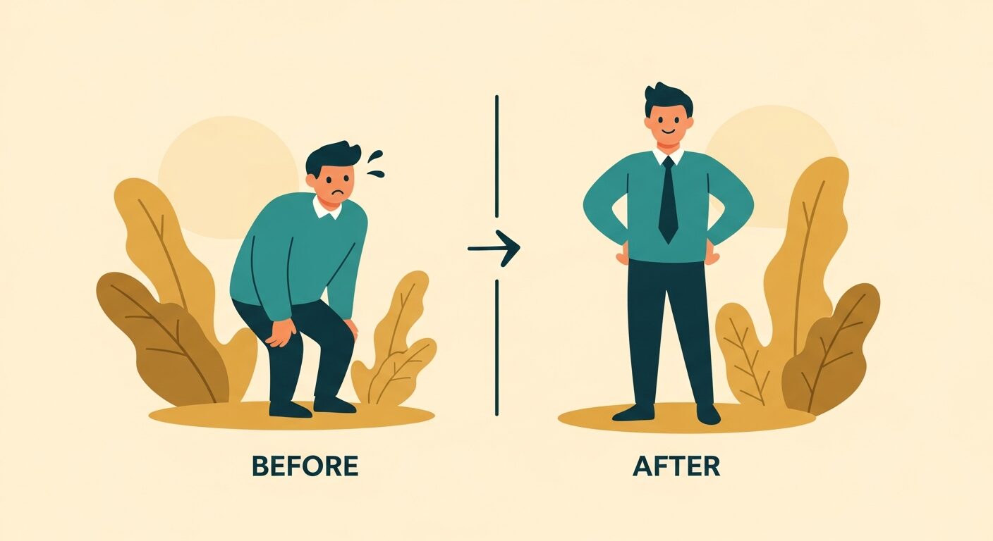 自信がない状態から変わっていく男性のビフォーアフターイラスト