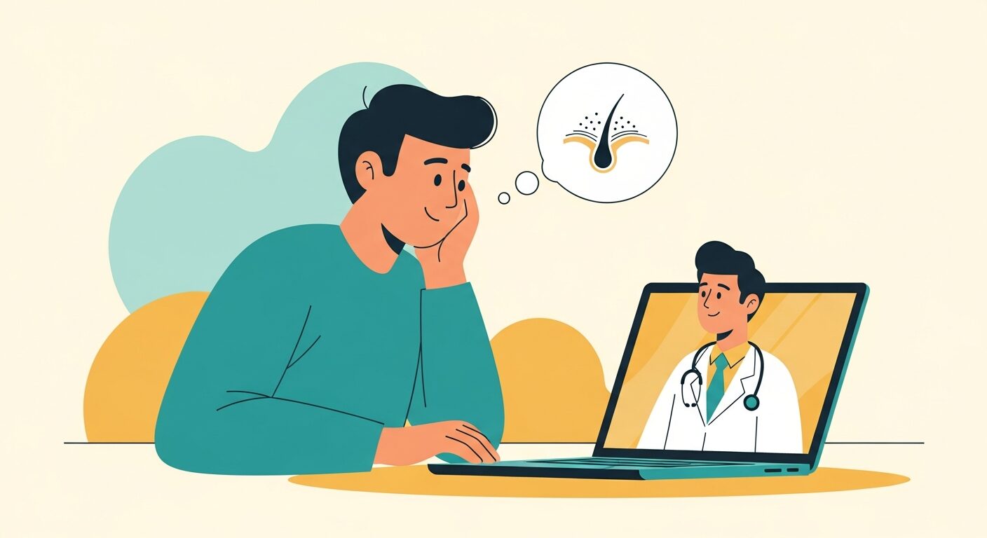 AGA治療のオンライン診療を受ける男性のイラスト