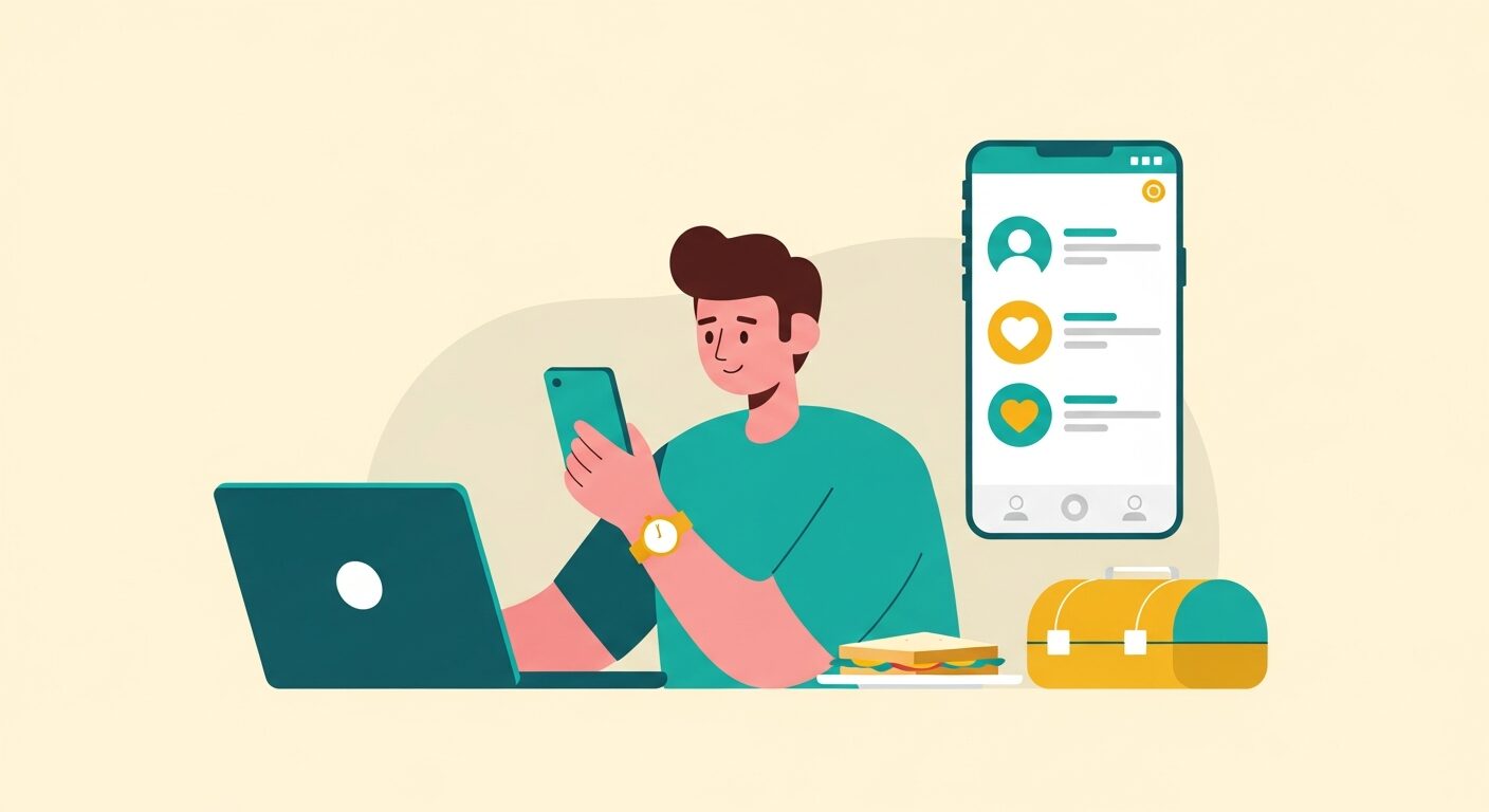 昼休みにアプリを見る男性のイラスト