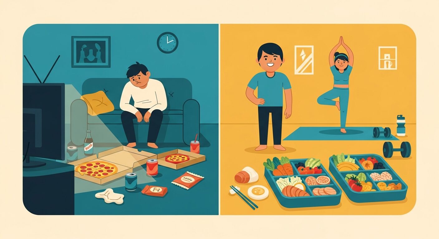 不健康な食生活と健康的な食生活の比較イラスト