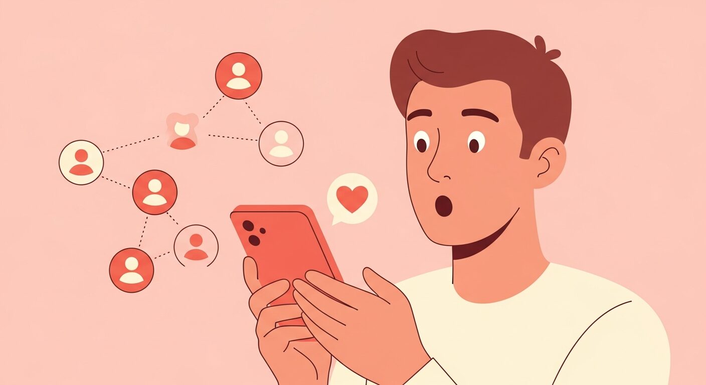 AI推薦の相手を見る男性のイラスト