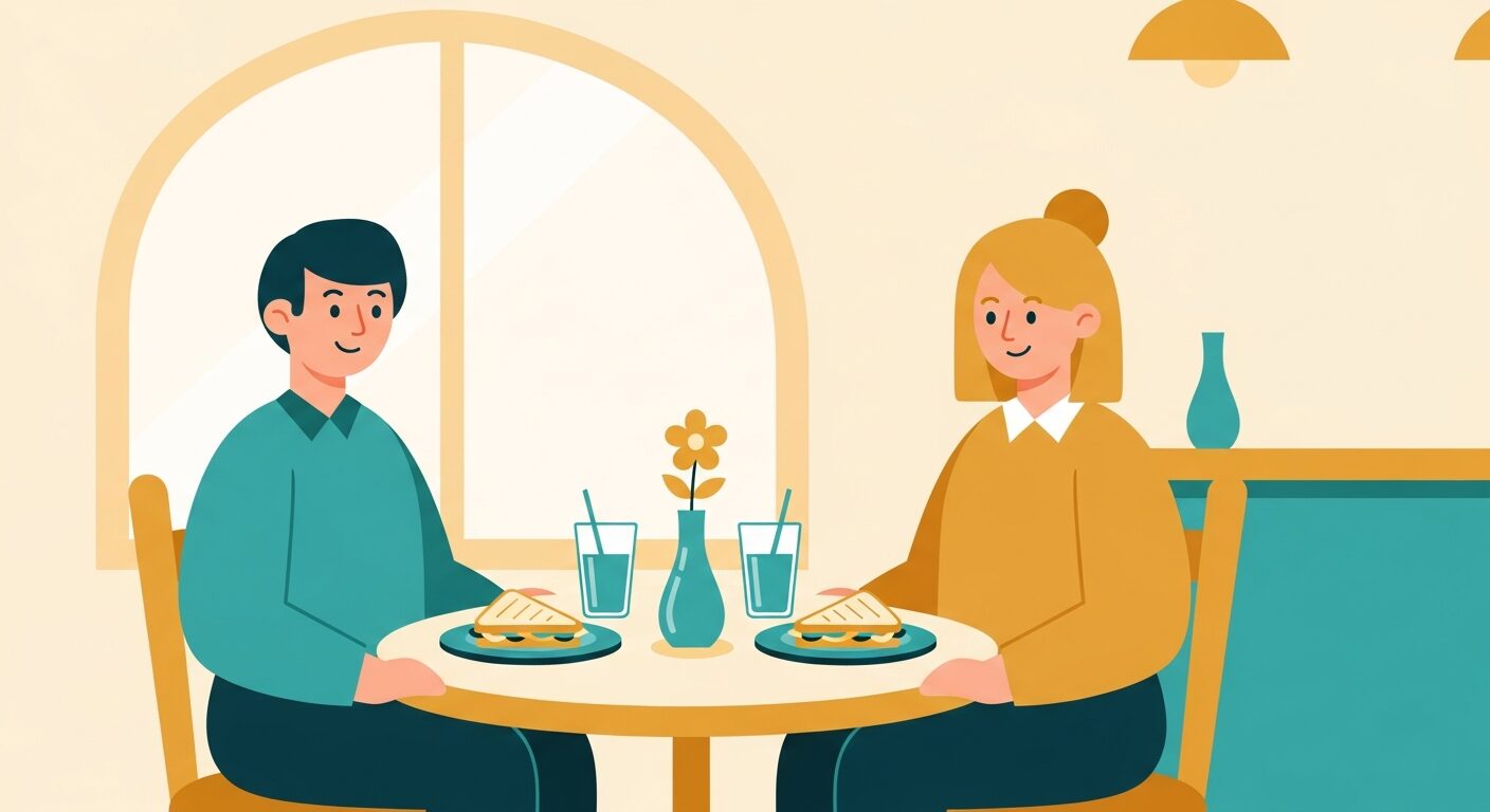 カジュアルなカフェで楽しむカップルのイラスト