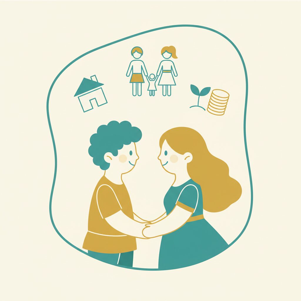 将来の計画を話し合うカップルのイラスト