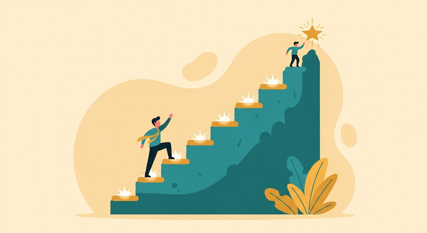 小さなステップで自信を積み上げていく男性のイラスト