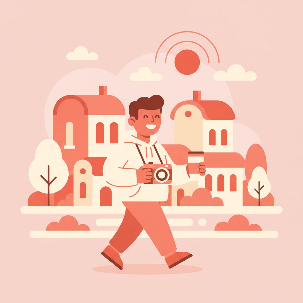 新しい場所を探索する男性のイラスト