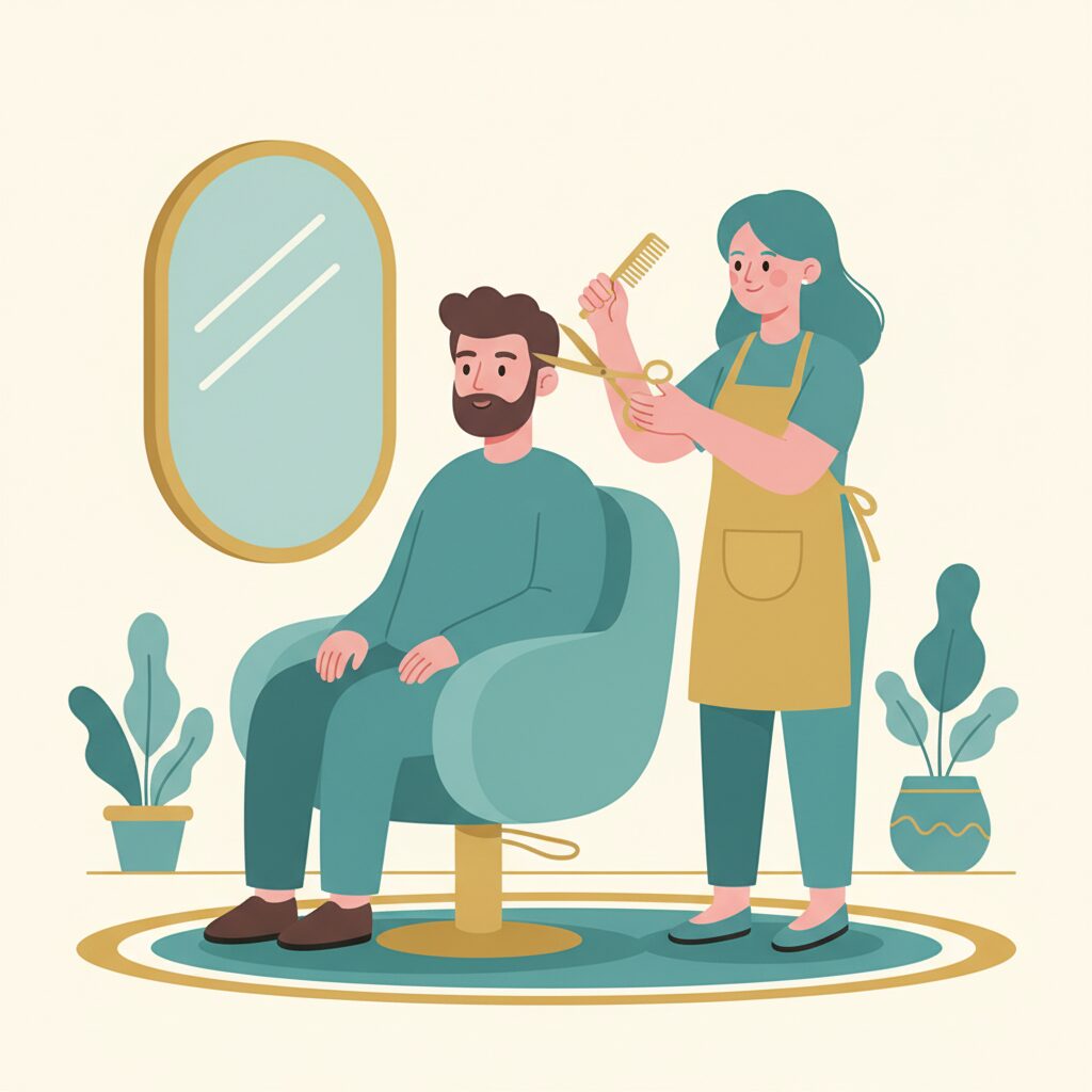 美容室で眉カットを受ける男性のイラスト