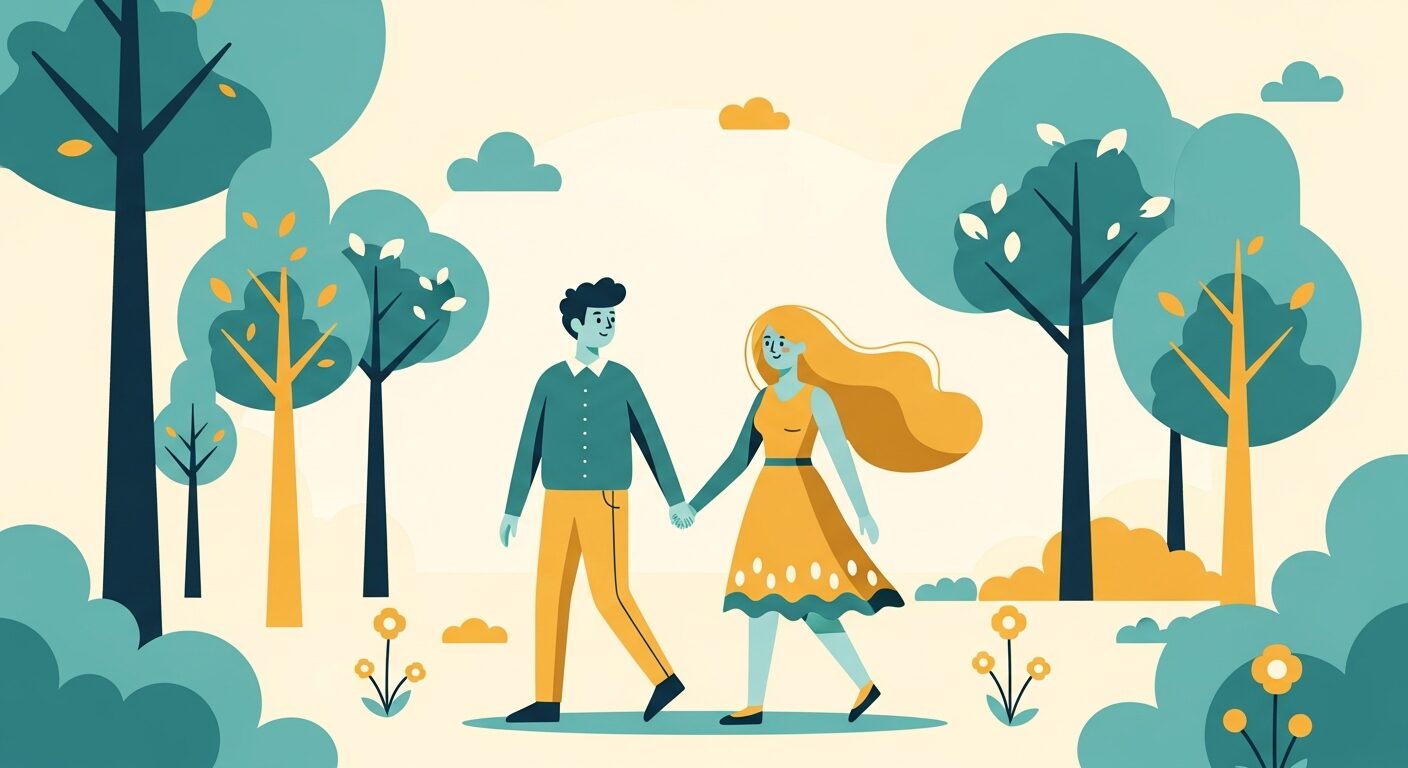 お金をかけなくても楽しいデートを楽しむカップルのイラスト