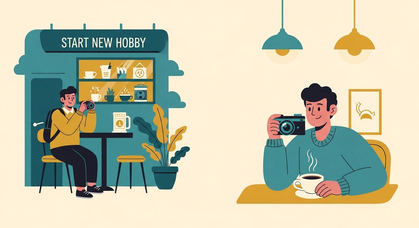 新しい趣味を始めてカフェを楽しむ男性のイラスト