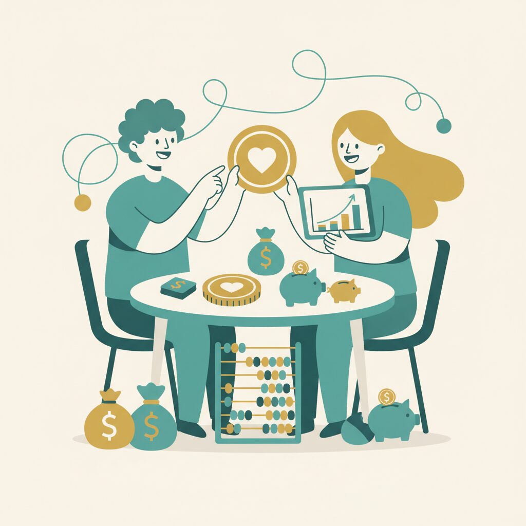 共働きで家計を管理するカップルのイラスト