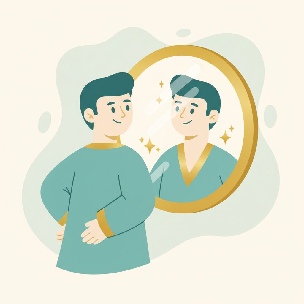 鏡で身だしなみを確認する男性のイラスト