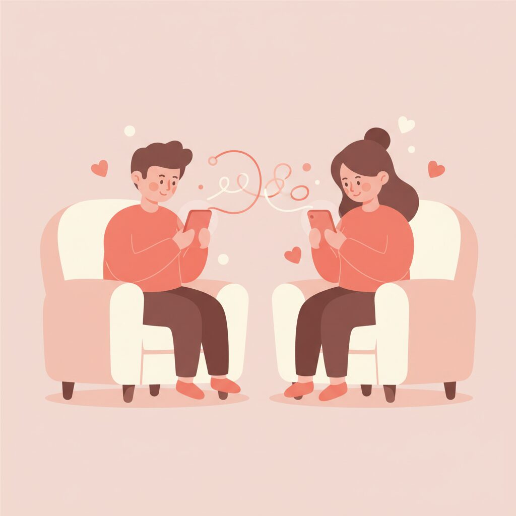 お互い笑顔でメッセージし合う男女のイラスト