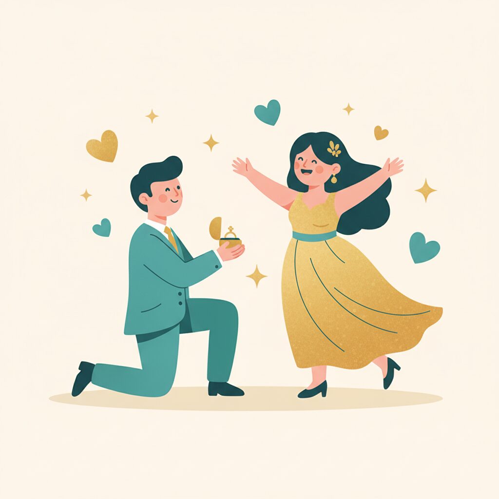 プロポーズが成功した幸せなカップルのイラスト