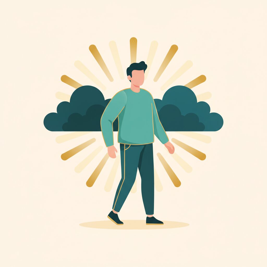 暗雲を突き抜けて前に進む男性のイラスト