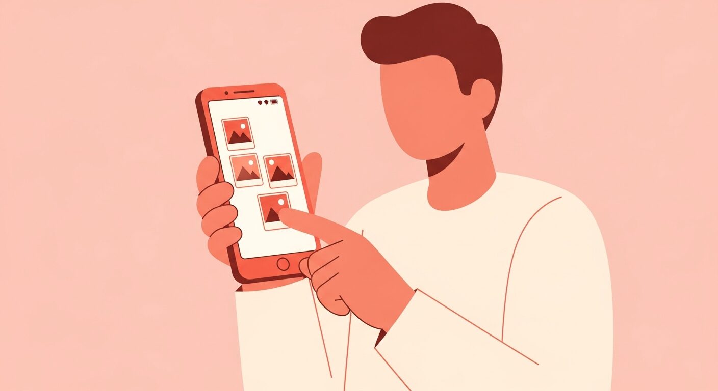 写真を選ぶ男性のイラスト