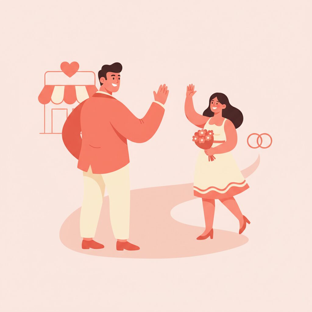 デート後に笑顔で別れるカップルのイラスト