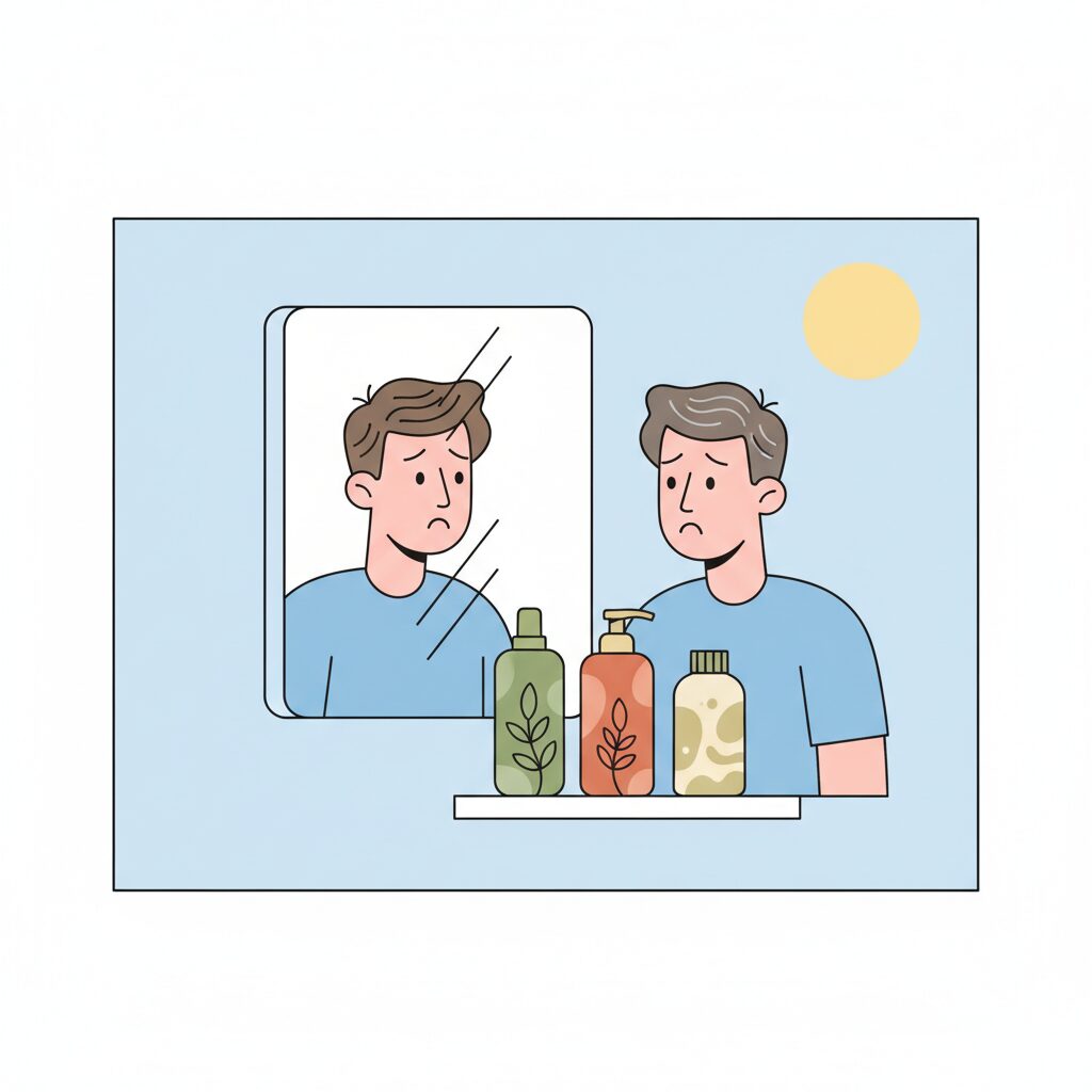 鏡で白髪を確認する男性