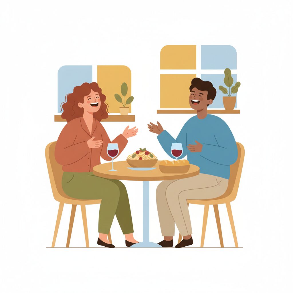 初デートでイタリアンレストランで食事するカップル