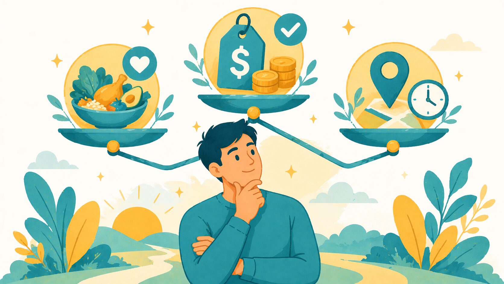 パーソナルジム選びで食事管理・料金・通いやすさを比較検討する男性のイラスト