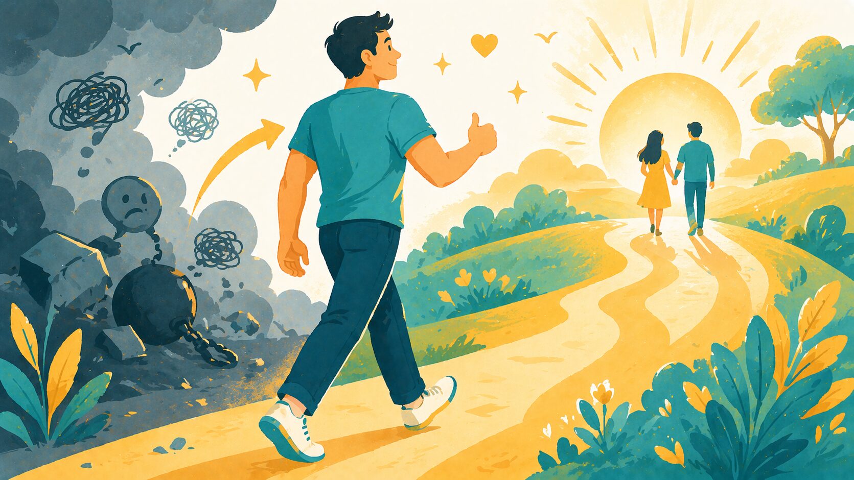 体を変えて理想のパートナーとの未来に進む男性のイメージイラスト