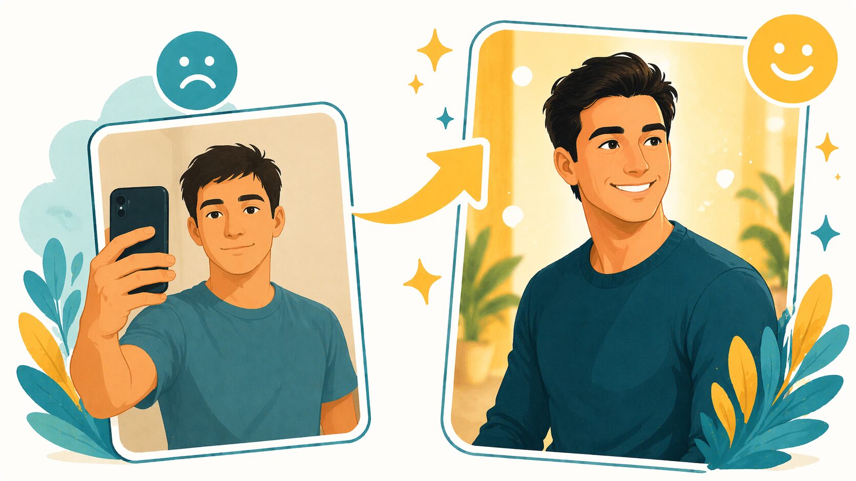 自撮りからプロ撮影への変化を示す比較イラスト