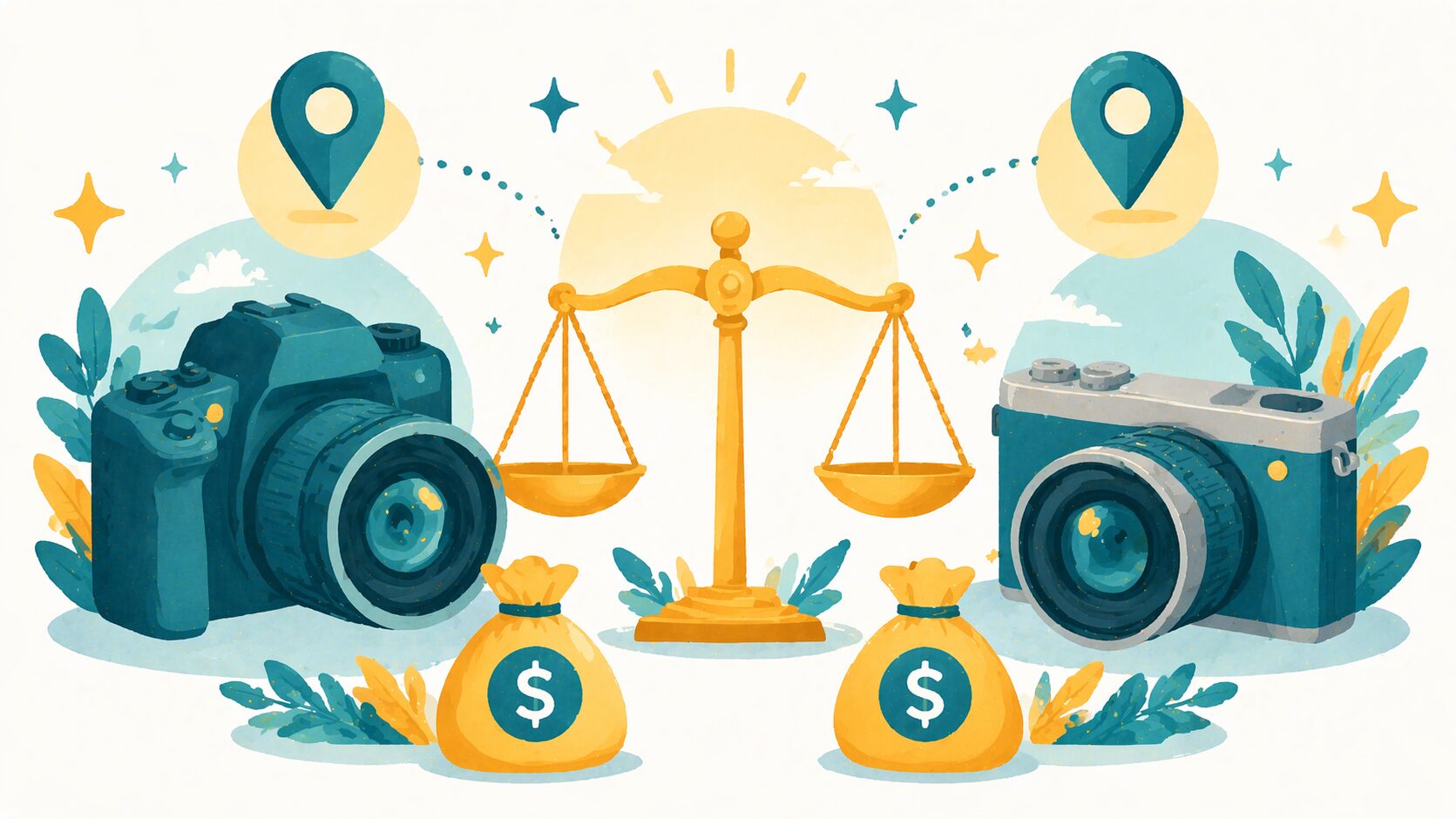 プロフィール写真代行サービス2社を比較検討する秤のイメージイラスト