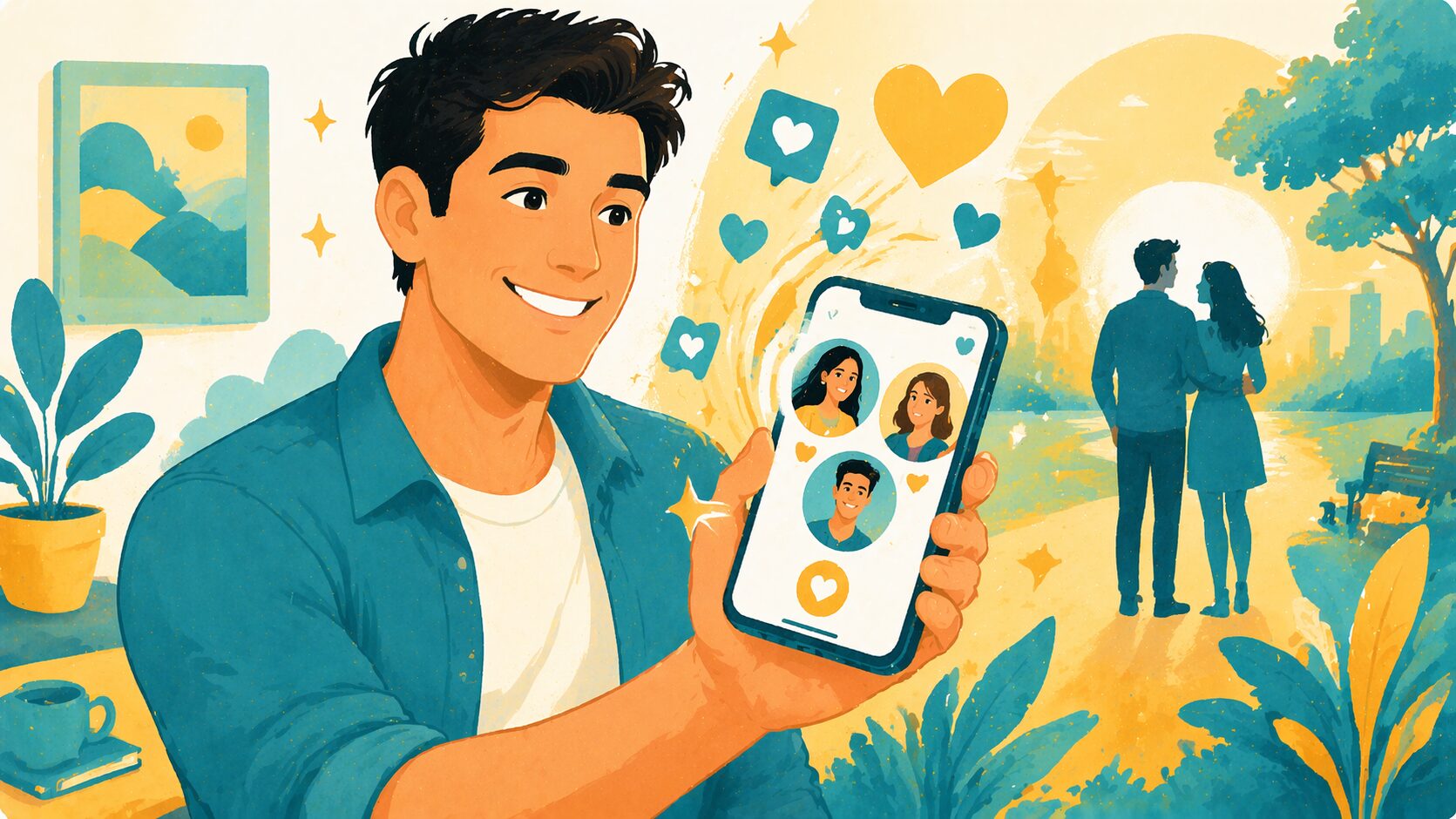 プロ撮影写真でマッチング成功する男性のイメージイラスト