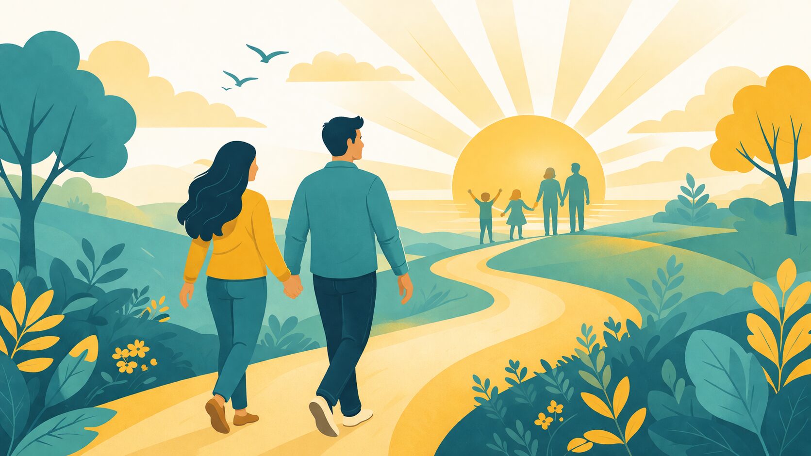 自分磨きで結婚・家族を得た男性のイメージイラスト