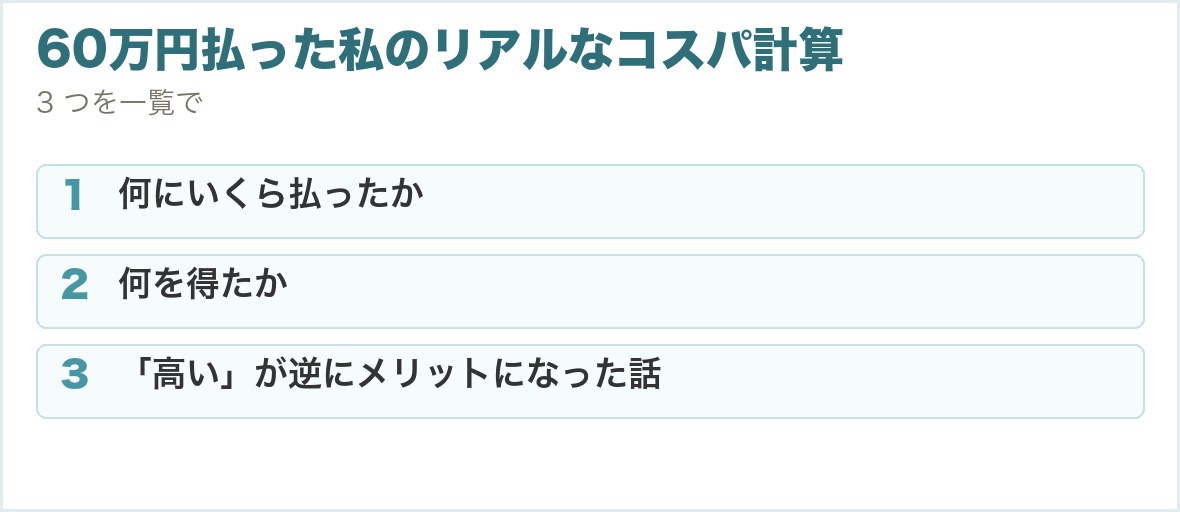 60万円払った私のリアルなコスパ計算。何にいくら払ったか、何を得たか、「高い」が逆にメリットになった話