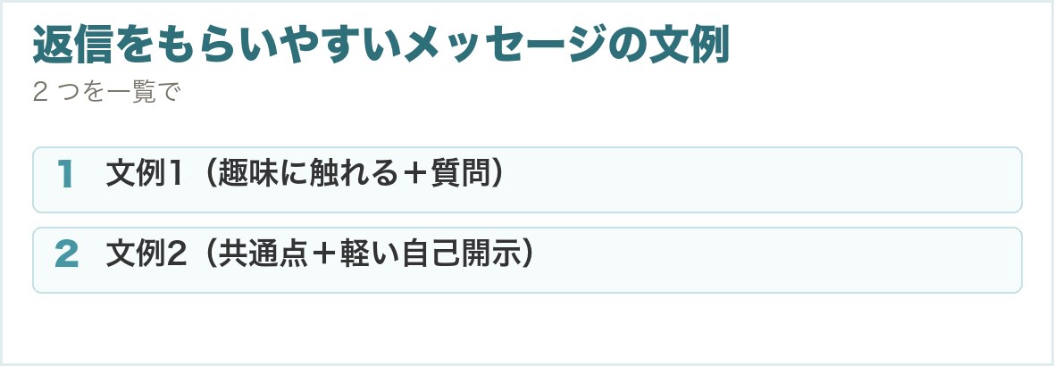 返信をもらいやすいメッセージの文例。文例1（趣味に触れる＋質問）、文例2（共通点＋軽い自己開示）